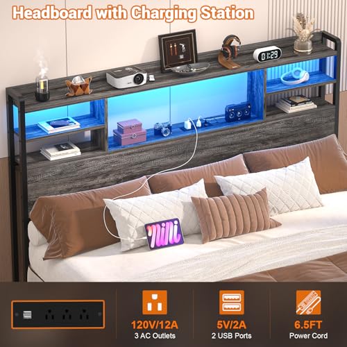 Image of Aheaplus Headboard for Queen Size Bed with Storage, Black Oak | Headboards with LED Light, Power Outlets, USB Ports Queen Size Head Board, Wood headboard Only Sturdy and Stable Headboards