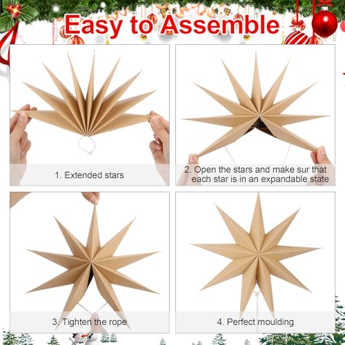 Image of 12 Inches 5 PCS Natural Paper Star Lanterns Christmas Hanging Lamp Rustic Paper Decorations Shade Wedding Birthday Christmas Home Party Decorations (9 Pointed)