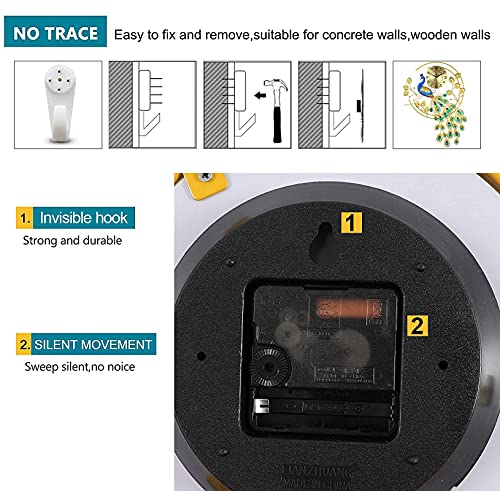 Eurson Large Peacock Wall Clock 36.6 Inch Metal Design Non-Ticking Silent Art Digital Wall Clocks For Living Room Decor (Yellow&Green) #TOP4