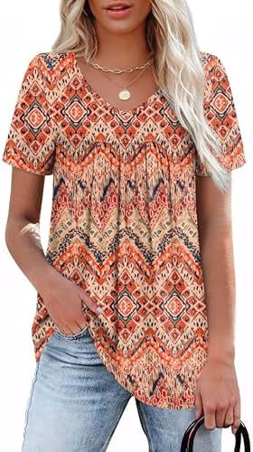 WEESO Womens Summer Tops Spring V Neck T Shirts Boho Pleated Blouses Hawaiian Tunic Tops to Wear with Leggings Flowy Beach Vacation Clothes Resort Wear 2025 XL
