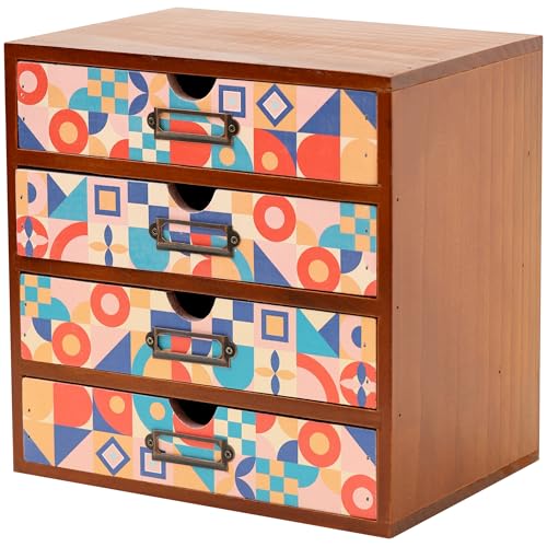Add Color To Your Desk - MCM Geometric Wooden Desk Organizer - Desktop Storage with 4-Drawer - Wood...
