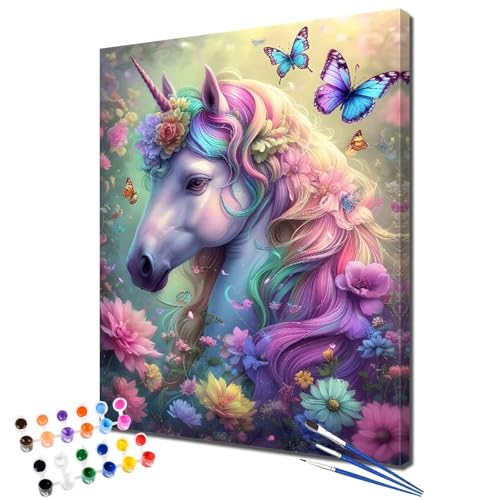 Pintar por Numeros Adultos Unicornio Pintura por Numeros Flor DIY Kit de Manualidades Adultos Incluye Pinceles y Acrílicas, Pintura en Lienzos para Niños Decoración de Paredes Hogar 40x50 cm 2W-1614