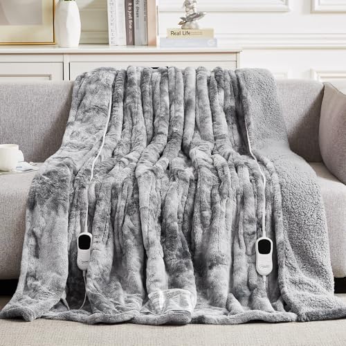 Image of Homemate Electric Heated Blanket Queen Size - 84 inchx90 inch Heating Blanket Queen Size Dual Control 1 /2 /4 /6 /8 Hours Auto-Off 10 Heat Level Over-Heat Protection Luxury Faux Fur Sherpa ETL Certification