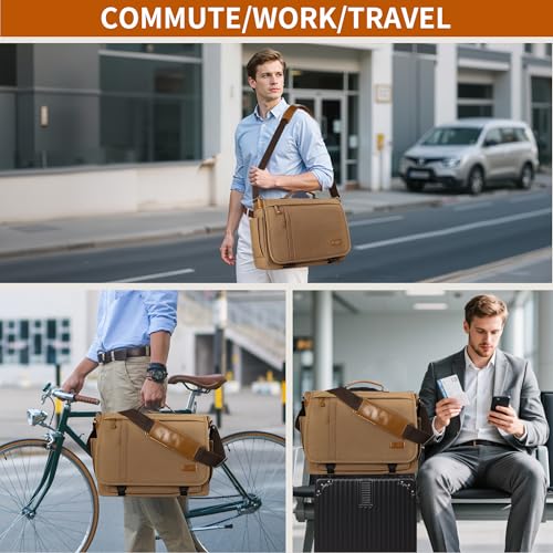 Image of ESTARER Messenger Bag 17-17.3 Inch, Men's Computer Bag Water-resistant Canvas, Laptop Shoulder Bag for Travel Work College, Brown