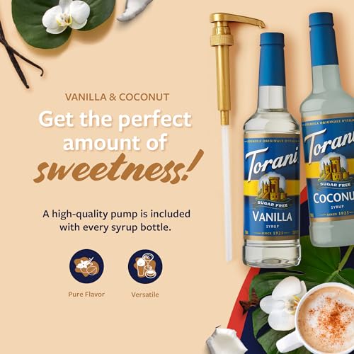 Image of Torani Sugar Free Coconut Syrup and Sugar Free Vanilla Syrup Variety 2-Pack, Coffee Syrups for Drinks, Pumps Included, 25.4 Fl Oz Ea