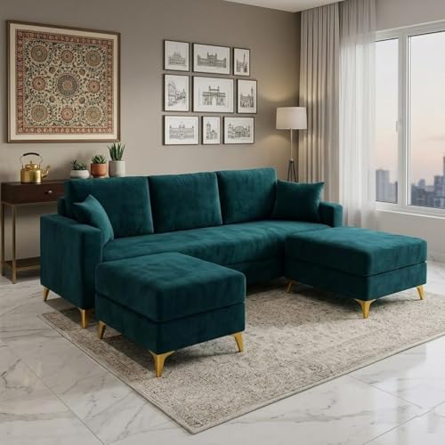 Image of SOCOZI Bravelle 5 Seater L Shape Sofa Set with 2 Movable Ottomans | Flexible Layout| Soft Velvet Suede Fabric|Modern Sofa | Plush Comfort Cushions for Living Room (Teal Green Color)