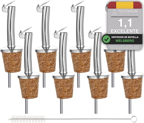 Welsberg 8x vertedores de botellas corcho y 1x cepillo de limpieza, boquillas aceite in acero inoxidable con tapón antigoteo, vertedor dosificador aceite, vino, vinagre