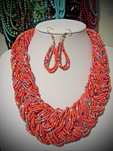 Multi Strand Multi Coral Glass Seed Bead Braided Necklace Earring For Women Statement Chunky Crystal Fashion Jewelry Set