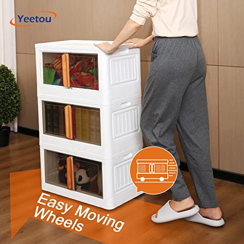 Storage Bins With Lids - 5 Packs Collapsible Storage Bins With Wheels 20 Gal Stackable Plastic Storage Bin Organizer With Double Doors & Secure Buckle, X-Large Storage Containers For Home Organizing Clothes, Clear Tan Color Door(80 Quart/20 Gal) #TOP1