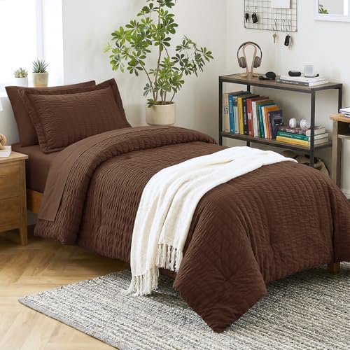 Image of CozyLux Twin XL Comforter Set for College Dorm, 5 Pieces Brown Seersucker Twin Extra Long Bed in a Bag, Soft Down Alternative Bedding Sets with Comforter, Sheets, Pillowcase & Sham, Back to School