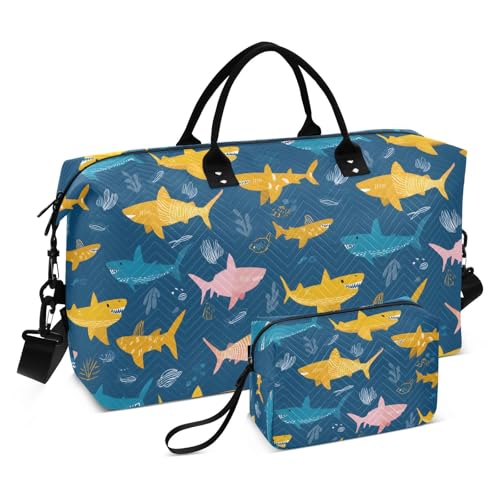 Color Shark Coral Reef Large Travel Duffle Bag Weekender Overnight Bags Gym Yoga Bag for Women Men with Toiletry Bag