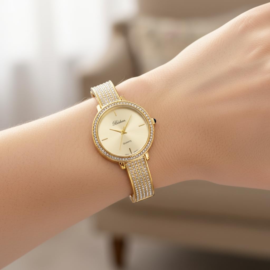 Blekon Collections Women's Fashion Watch - 32mm Rhinestone Bezel & Semi Cuff Bangle - A Stylish Timepiece Infused with Radiant Elegance, Perfect for Effortless Fashion and Glamorous Sophistication.