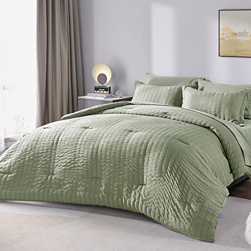 Cozylux Twin Bed In A Bag Green Seersucker Textured Comforter Set With Sheets 5-Pieces For Girls And Boys - Bedding Sets With Comforter, Pillow Sham, Flat Sheet, Fitted Sheet, Pillowcase #TOP6