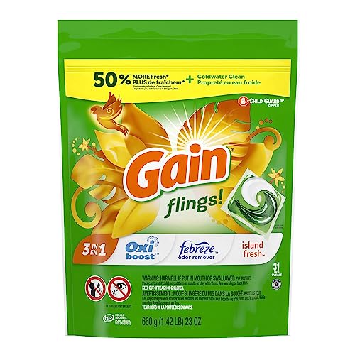 Gain flings Laundry Detergent Soap Pacs, HE Compatible, 31 ct, Long Lasting Scent, Island Fresh