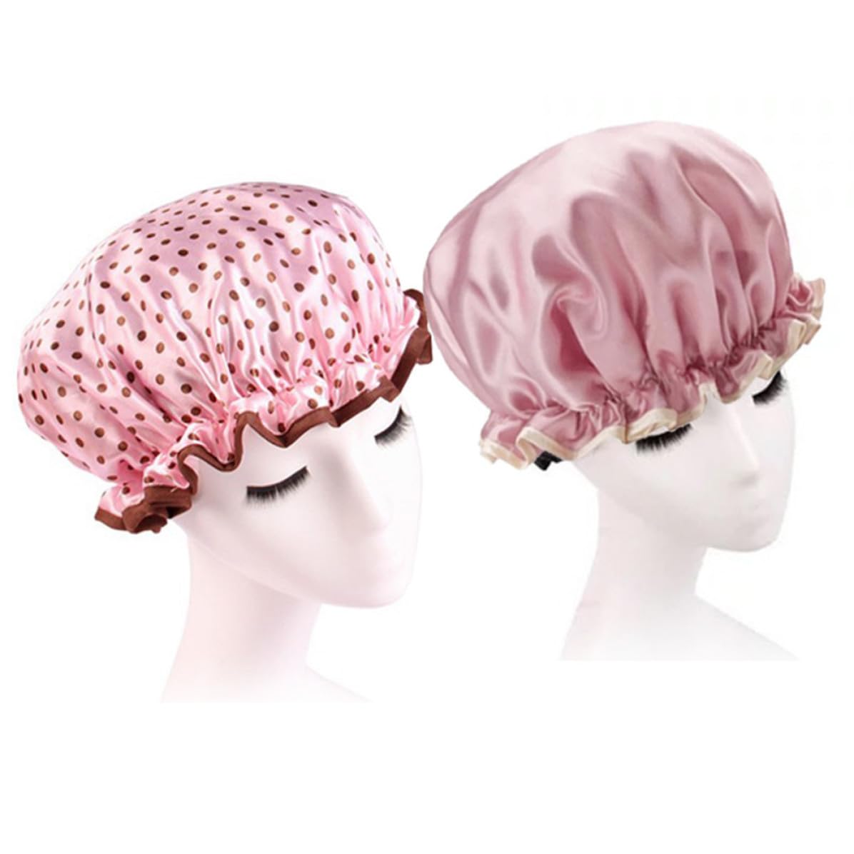 2 Stück Duschhaube aus Satin und Eva, Elastisch, Faltbar | Dusche und Spa, Leicht zu Waschen, Rosa, für Damen und Herren