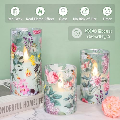 Image of Floral Flameless Candles with Remote Timer, Pink Rose and Lilac Pattern LED Glass Candles, Battery Operated for Home Party Wedding Christmas Spring Valentine's Day Decor, Set of 3