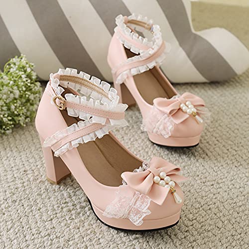 Women Fashion Sweet Bownot Lace Pearl Decoration Lolita Princess Single Shoes High Heels Cross Strap Maid Mary Jane Pumps2