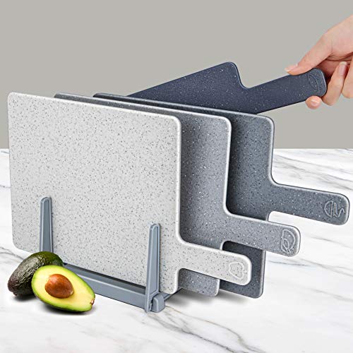 Chopping Board Set for Kitchen Holder, Index Small Plastic Cutting Board Easy-Grip Handle BPA Free, Dishwasher Safe, Thick Cutting Boards With Draining Rack & Food Icons for Kitchen, 9.45