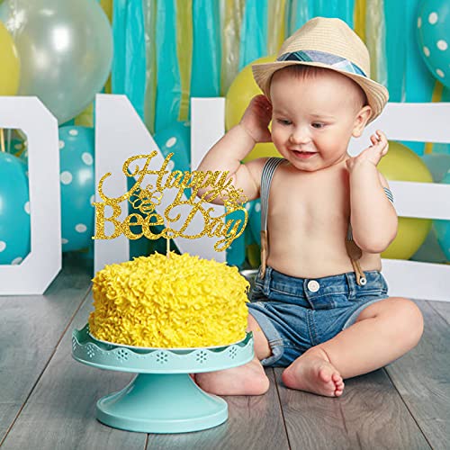 Innoru Glitter Happy Bee Day Cake Topper, Bumble Bee Themed 1St Birthday Party Supplies, Baby Shower Bee Party, New Mom, Wedding, Birthday Party Decoration Supplies, Gold #TOP5