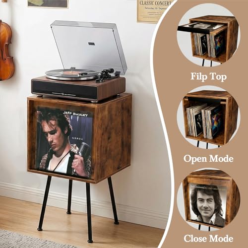 Image of Faesun Flip Top Record Player Stand, End Table Holds up to 100 Albums, Turntable Stand with Record Display, Vinyl Record Storage for Living Room, Bedroom, Rustic Brown
