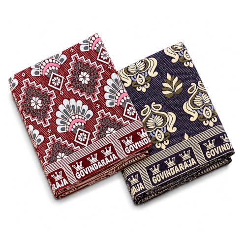 Image of Govindaraja 100% Cotton Blanket | Queen Size (60 x 90 Inches / 5 x 7.5 Feet) | Floral Design | 300 TC Chennimalai Bedsheet | Maroon & Blue (Pack of 2) | Pattern May Vary