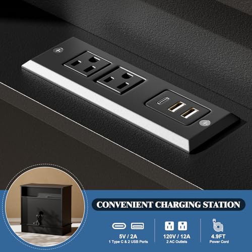 Image of 3 Drawers Dresser for Bedroom with Charging Station, 28 inch Wide Small Chests of Drawers, Farmhouse Wood Nightstand Bedside Cabinet End Table for Bedroom, Living Room, Closet, Black