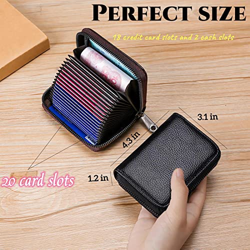 Credit Card Holder Genuine Leather Small Card Wallet for Women or Men 20 Card Slots RFID Blocking Accordion Wallet with Zipper (Black 20)2