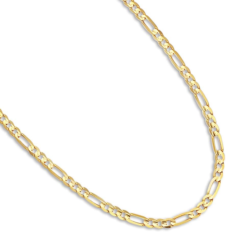 14k Yellow Gold 2.6mm Figaro Link Hollow Chain Necklace 16 to 24 Inches with Lobster Clasps