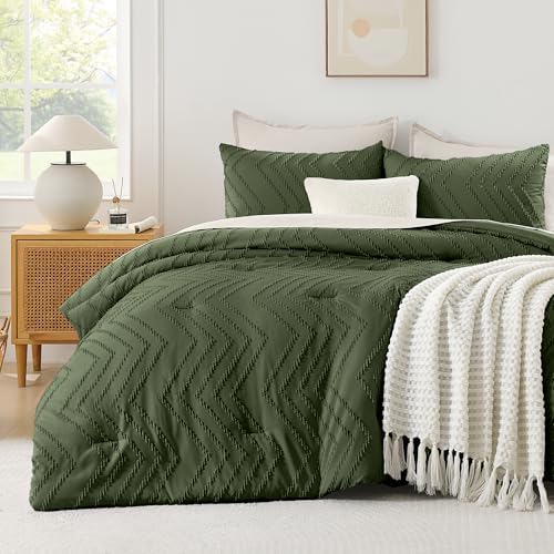 Image of Andency Olive Green Comforter Set Queen Size, Boho Soft Fluffy Warm Lightweight Bedding Comforter Sets for Queen Bed, 3 Pieces Chevron Tufted Aesthetic Microfiber Lightweight Comforter Set