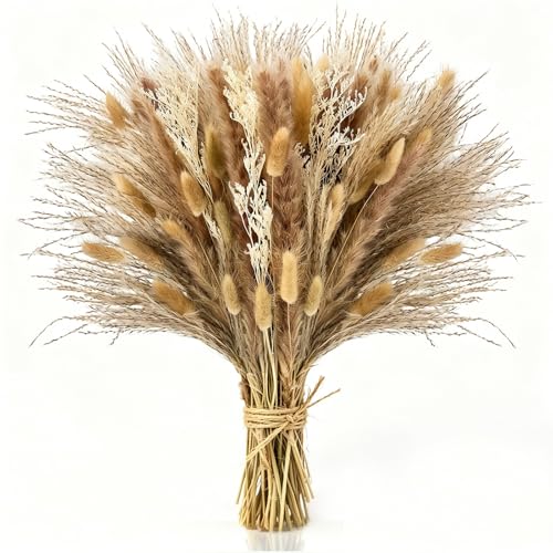 Luvano 100 Pcs Pampas Grass Boho Decor 17 Dried Flowers Bouquet for Vase Crafts Bohemian Wall Art Western Home Living Room Bedroom Fall Wedding Table & Rustic Farmhouse