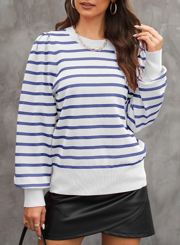 Image of Dokotoo Women's Striped Sweaters Puff Long Sleeve Crewneck Ribbed Knit Pullover Jumper Tops