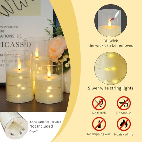 Image of 3Pcs Glass LED Flickering Flameless Candles for Home Wedding Party Decor