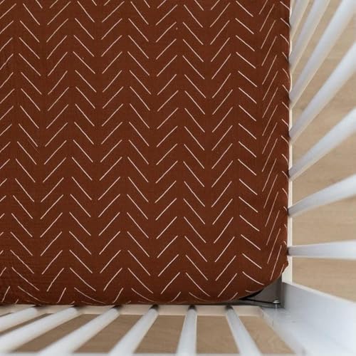 Image of Rust Mudcloth Muslin Crib Sheet by Mebie Baby, Soft and Breathable Bed Sheets for Babies, Modern Neutral Bedding for Cribs, Standard Crib Mattress Fitted Sheet, Great for Boy or Girl Room or Nursery