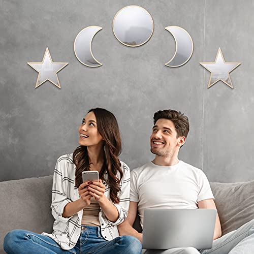 Jetec 5 Pieces Boho Moon Phase Mirror Wall Decor Acrylic Sun Moon Star Mirror Set Scandinavian Wooden Moon Star Phase Mirror Bohemian Wall Decoration For Home Living Room Decor, Not Real Mirror #TOP4