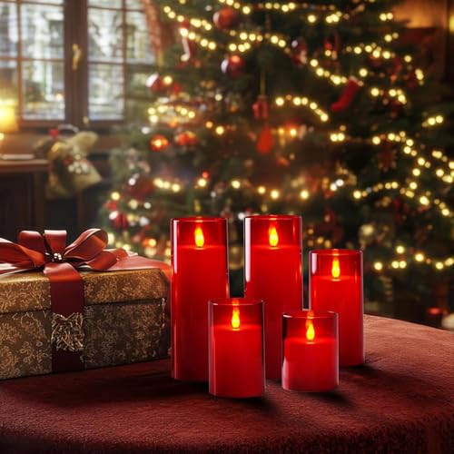 Image of Homemory Christmas Red Flickering Flameless Candles, Battery Operated Acrylic LED Pillar Candles with Remote Control and Timer, Set of 9