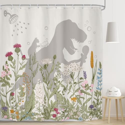 Image of Kids Dinosaur Cute Cat Wildflower Boys Bathroom Shower Curtain Set