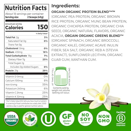 Orgain Organic Vegan Protein Powder + Greens, Vanilla Bean - 21g Plant Based Protein, Gluten Free, Dairy Free, Lactose Free, Soy Free, No Sugar Added, With Iron & Prebiotics for Gut Health - 1.94lb - image 2