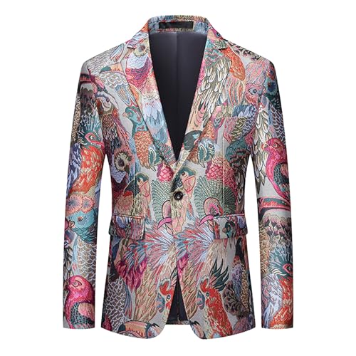 UNINUKOO Mens Blazer Printed Suit Jacket 1 Button Slim Fit Floral Dinner Sport Coat Blazers US Size 42 Gray Pink
