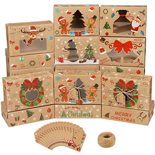 Fovths 24 Pack Christmas Cookie Boxes Cupcake Gift Box with Window Kraft Bakery Treat Boxes Xmas Food Container Holiday Candy Box with Tags for Gift Giving, Pastries, Pie, 8.75 x 5.75 x 2.75 Inch