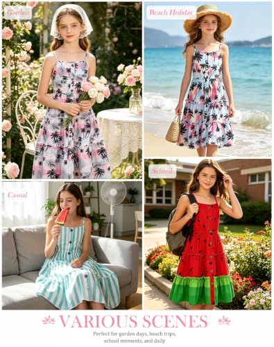 Image of Enlifety Girls Dress Hawaiian Spaghetti Straps Dresses Summer Sundress Size 6 12T