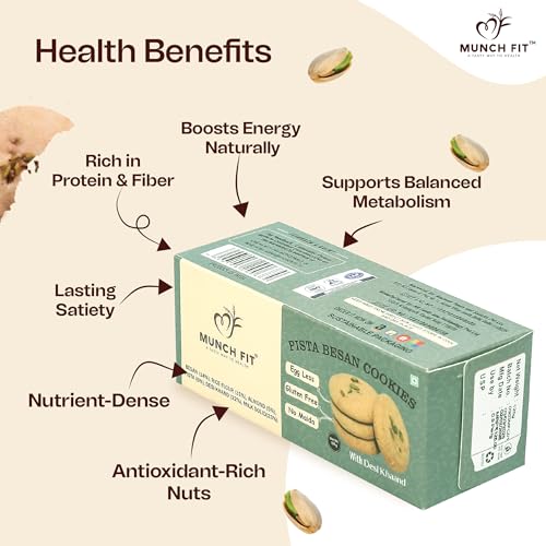 Image of Munch Fit Pista Besan Cookies, Crunchy & Tasty Egg Less Cookies 125gm Pack of 3 | Gluten Free, No Maida, Sugar-Free | Almond & Pistachio Healthy snacks | High Fiber Protein & Iron-Rich