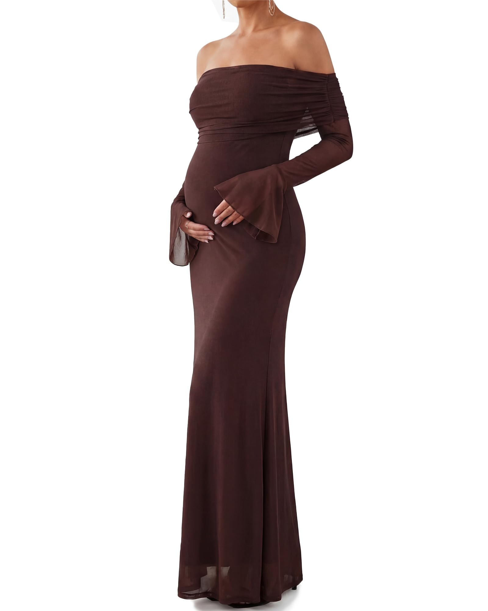 Women Maternity Off Shoulder Long Sleeve Mesh Bodycon Maxi Dress