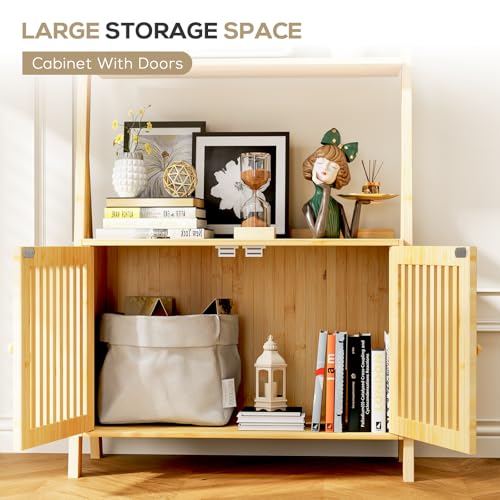 Image of Bookcase with Drawers, 4-Tier Bamboo Bookshelf Ladder Shelf with 6 Hooks, Tall Narrow Book Shelf, 24.8 inchL x 10.6 inchW x 59.5 inchH, Standing Storage Organizer for Living Room, Home Office, Bedroom, Bathroom