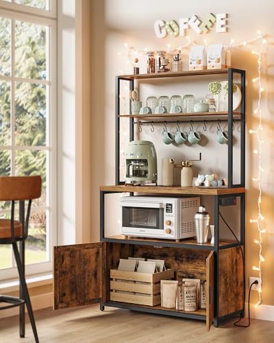 Image of VASAGLE Kitchen Bakers Rack with Power Outlet, Coffee Bar with 35.4-Inch High Worktop, Microwave Stand with 8 Hooks, 15.7 x 31.5 x 66.9 Inches, Rustic Brown and Ink Black UKKS059K01