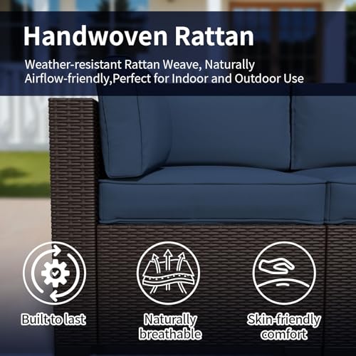 Image of 7 Piece Patio Furniture Set, Wicker Patio Conversation Sets, Outdoor Sectional Furniture with Tempered Glass Table, for Backyard, Deck, Garden, Dark Brown Rattan & Navy Blue Cushions
