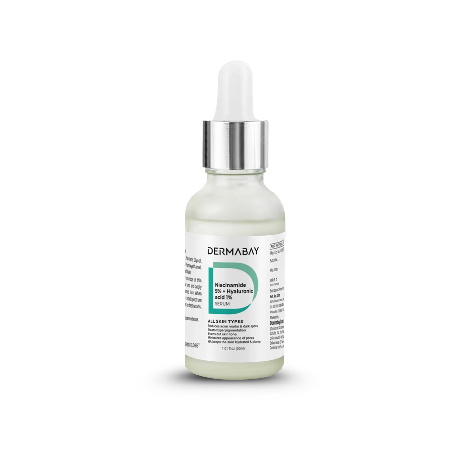 Dermabay Niacinamide 5%+ Hyaluronic acid 1% Serum Anti Acne Serum Reduce open pores, dark spots, blemishes and acne marks Suits All Skin Types For Women & Men 30 ml