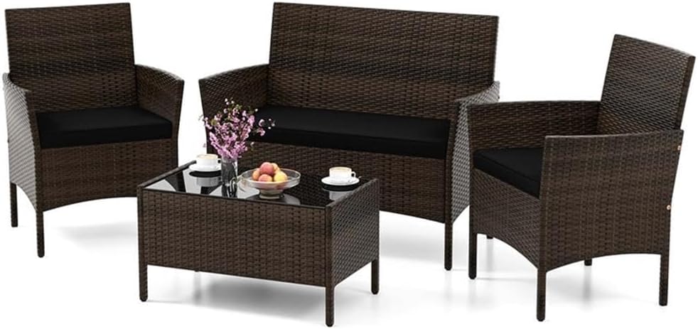 Pemberly Row 4-Piece Patio Furniture Set, Black PE Wicker with Tempered Glass Coffee Table, Metal Frame, Removable Cushions, Loveseat, Chairs, Outdoor Use for Patio, Garden, or Deck