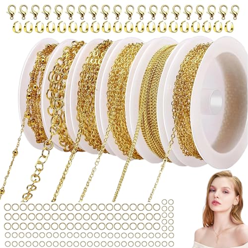 14m 6 Rollos Cadena de Eslabones para Hacer Joyas, Cadena Anillos de Salto, por Metros Collares con Cierres de Langosta, Cadena Mujer Manualidades Ketten Selber Machen (Gold)