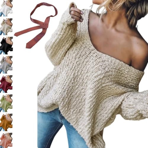 Women's Off-The-Shoulder Sweater Loose Lightweight Pullover Top V-Neck Hollow Knitted Long-Sleeved Solid Color Autumn