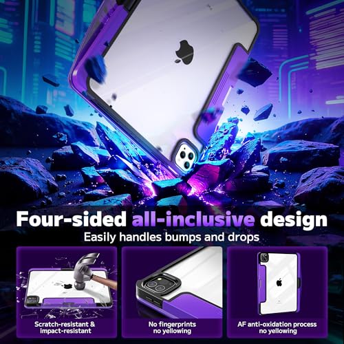 Image of Clear Keyboard Case for iPad Pro 11 Inch (M4 /M5 2024 /2025) 360 Swivel Multi-Touch Trackpad,With wireless Bluetooth 3-Brightness & 7-Color Backlit, Pencil Holder tecla de acceso directo purple